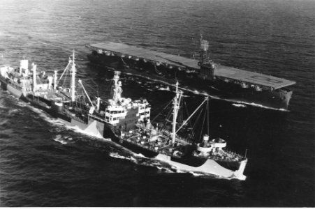 USS Severn (AO-61) and USS Rudyerd Bay (CVE-81) underway in April 1944