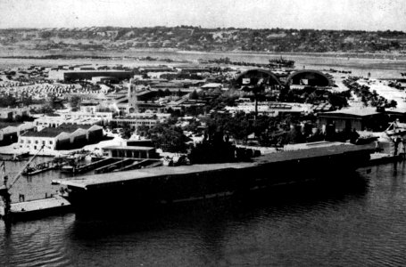 USS Shangri-La (CV-38) docked at Naval Air Station North Island, California (USA), circa in December 1945