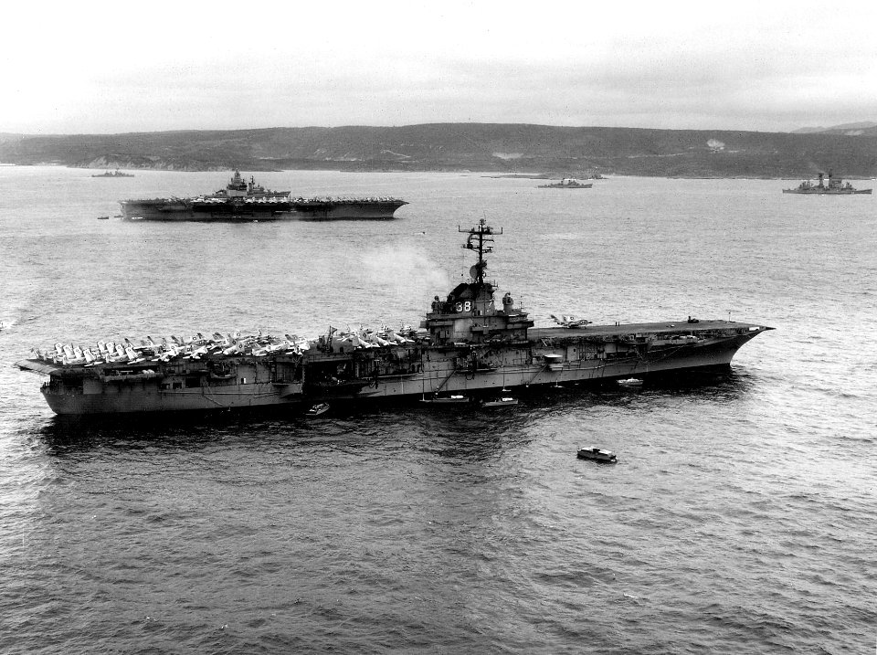 USS Shangri-La (CVA-38) and USS Enterprise (CVAN-65) at Souda Bay, 28 February 1964 (NNAM.1996.488.099.017)