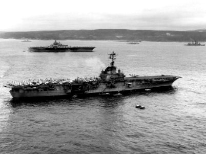 USS Shangri-La (CVA-38) and USS Enterprise (CVAN-65) at Souda Bay, 28 February 1964 (NNAM.1996.488.099.017)