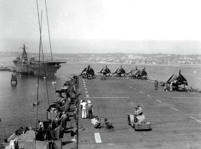 USS Shamrock Bay (CVE-84) and USS Ranger (CV-4) at Naval Air Station North Island, in August 1945 (2017.27.01)