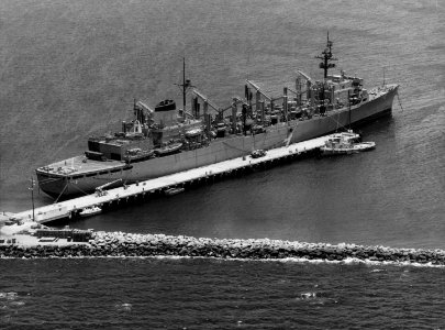 USS Seattle (AOE-3) at Mosquito Pier, Vieques, Puerto Rico, 9 June 1975