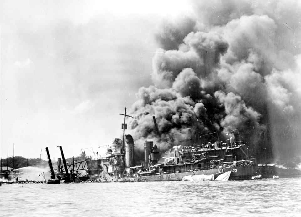 USS Shaw (DD-373) in half-sunken YFD-2 at Pearl Harbor