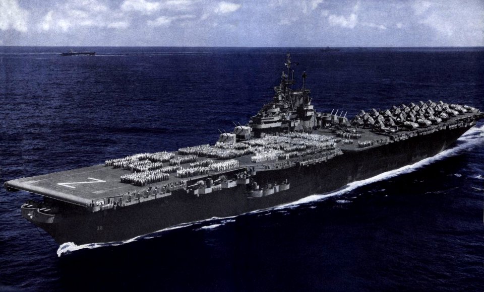 USS Shangri-La (CV-38) underway in the Pacific Ocean on 17 August 1945
