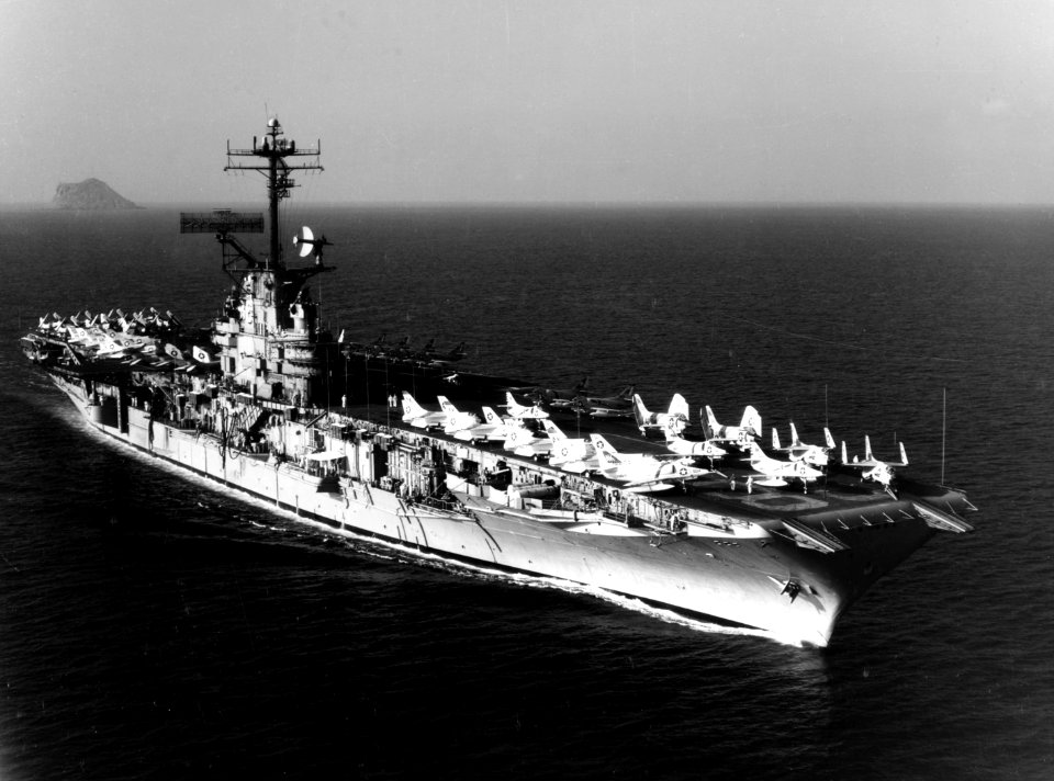 USS Shangri-La (CVA-38) underway off Gibraltar on 13 October 1963