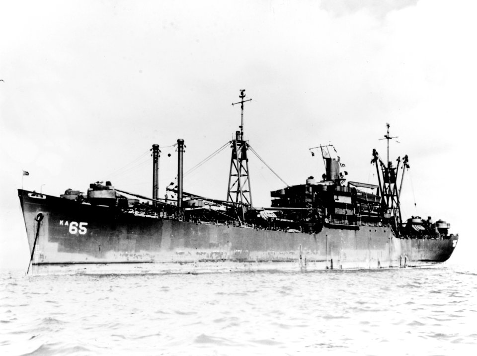 USS Shoshone (AKA-65) at anchor, circa in late 1945 (NH 78594)