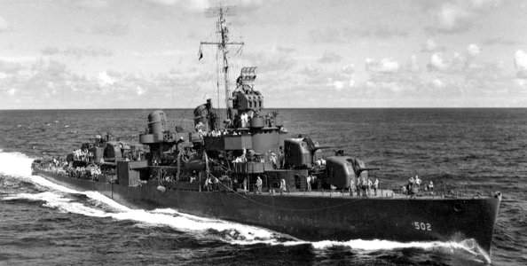 USS Sigsbee (DD-502) underway in the Pacific Ocean on 23 June 1944 (80-G-321648)