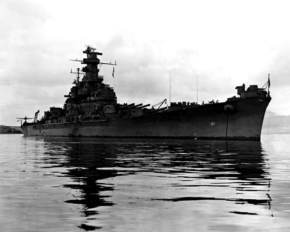 USS South Dakota (BB-57) anchored in Hvalfjörður, Iceland, on 24 June 1943 (NH 97265)