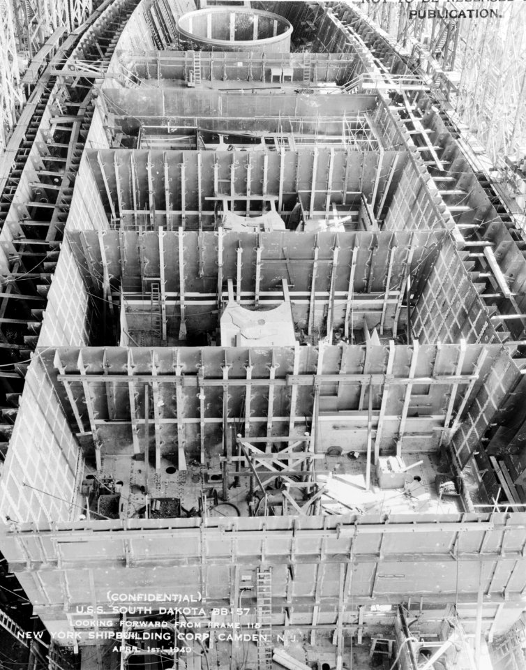 USS South Dakota (BB-57) under construction, 1 April 1940