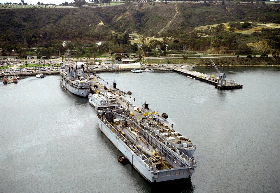 USS Sperry (AS-12) and floating drydock with sub at San Diego 1981