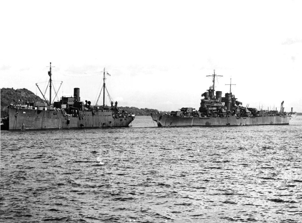 USS St. Louis (CL-49) comes alongside USS Vestal (AR-4) at Tulagi in July 1943