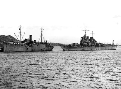 USS St. Louis (CL-49) comes alongside USS Vestal (AR-4) at Tulagi in July 1943