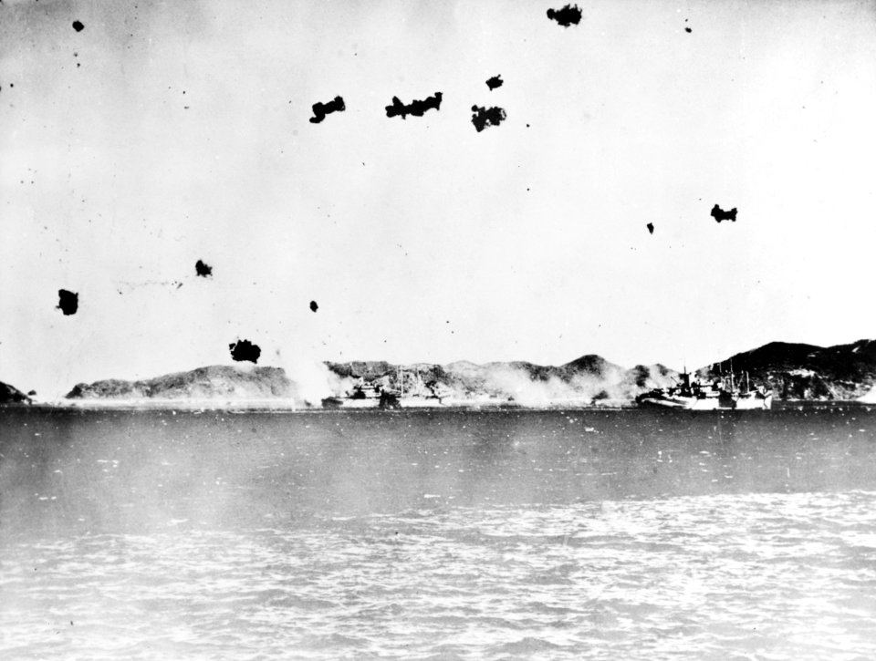USS St. George (AV-16) is hit by a Japanese kamikaze at Kerama Retto on 6 May 1945 (NH 65833)