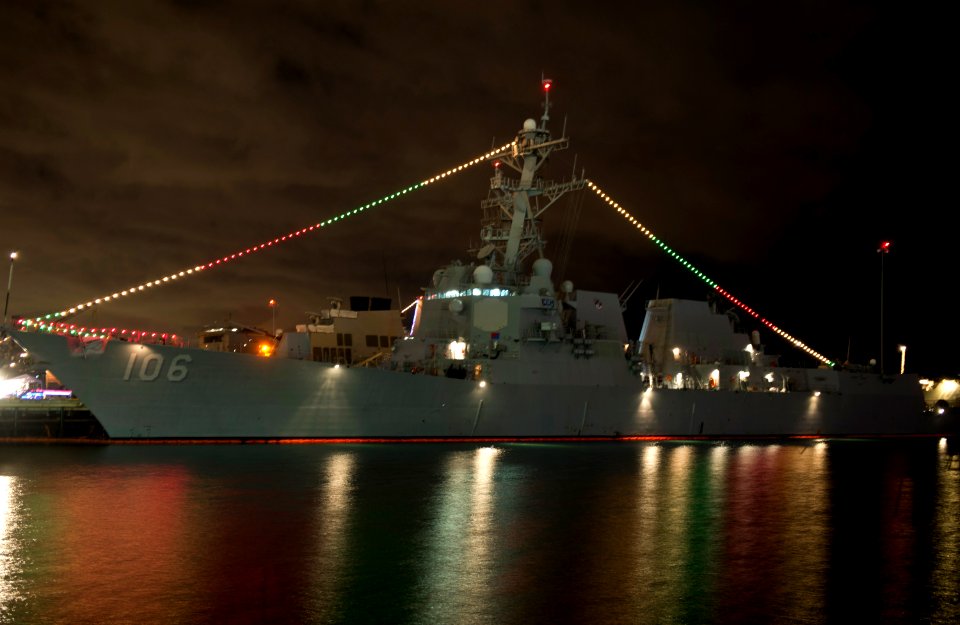 USS Stockdale displays holiday lights. (8290273537)