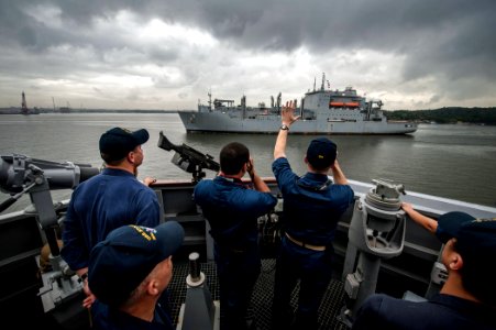 USS Stockdale (DDG 106) greets USNS Matthew Perry (T-AKE-9). (8493229770)