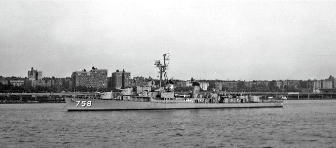 USS Strong (DD-758) at anchor in the 1950s