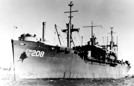 USS Talladega (APA-208) at anchor, circa in 1945 (NH 74306)