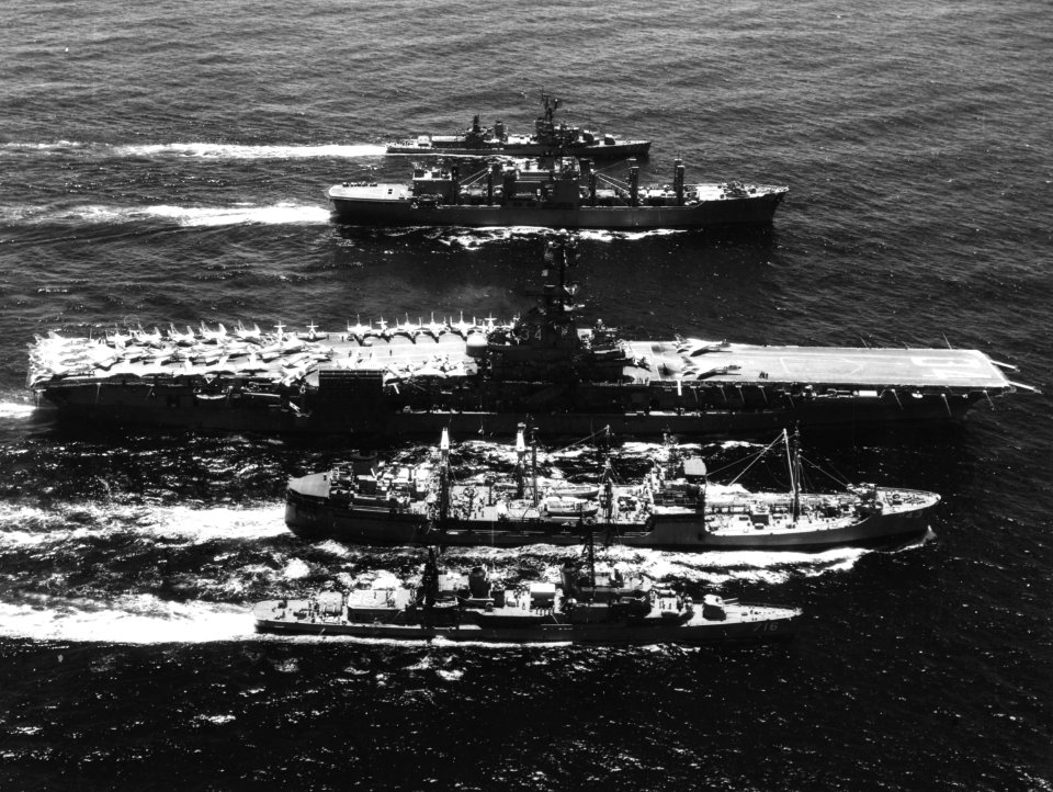 USS Tappahannock (AO-43) and USS Mars (AFS-1) replenish USS Oriskany (CVA-34), USS Wiltsie (DD-716) and USS Perkins (DD-877) off Vietnam, in May 1969 (USN 1139357)