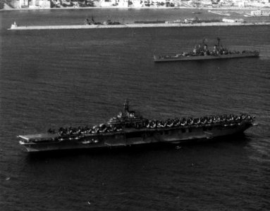 USS Tarawa (CV-40) and USS Macon (CA-132) at anchor in the Med c1952
