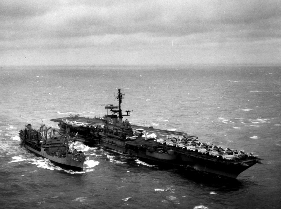 USS Tappahannock (AO-43) refuels USS Coral Sea (CVA-43) in the South China Sea on 12 January 1967 (L45-274.01.01)