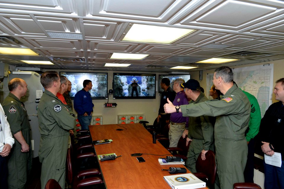 USS Theodore Roosevelt conducts a video teleconference with the International Space Station. (16193266910) photo