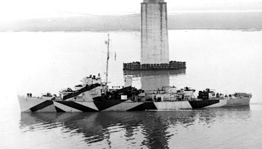 USS Thomason (DE-203) passing under Cooper River Bridge at Charleston, South Carolina (USA), on 17 February 1944 (BS 60777)