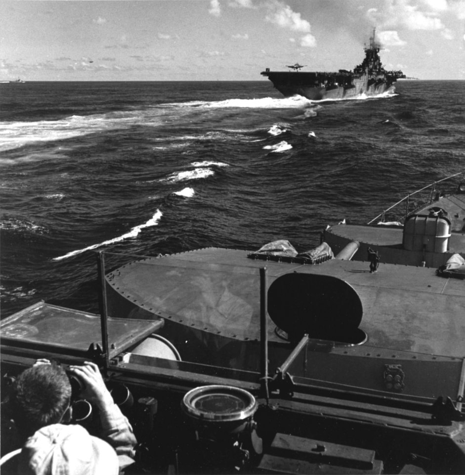 USS Ticonderoga (CV-14) landing planes in July 1945