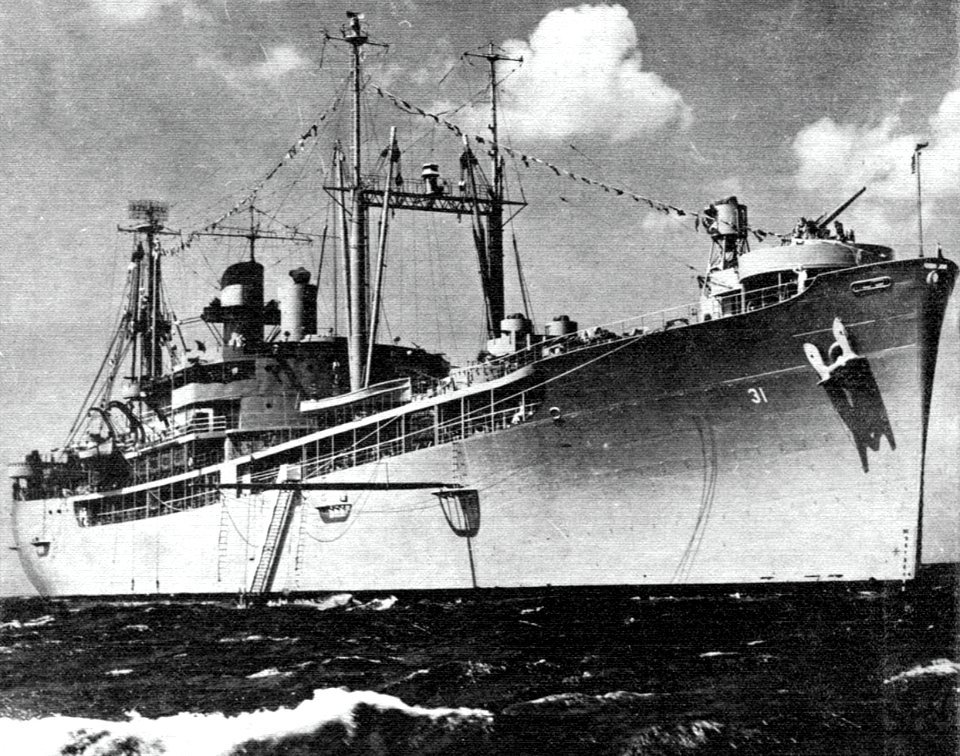 USS Tidewater (AD-31) at anchor, circa in 1954