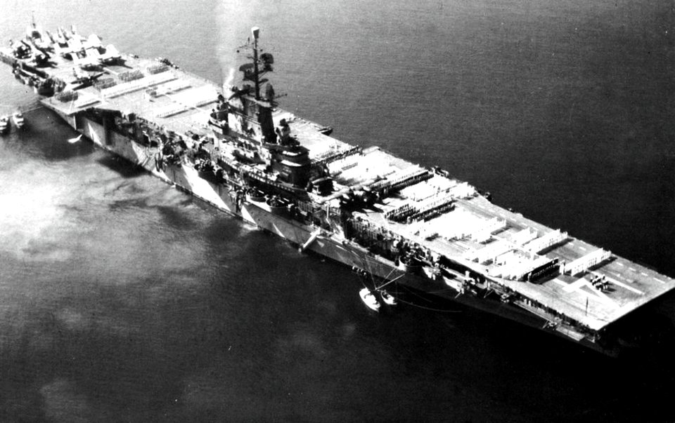 USS Ticonderoga (CVA-14) at anchor, in 1955