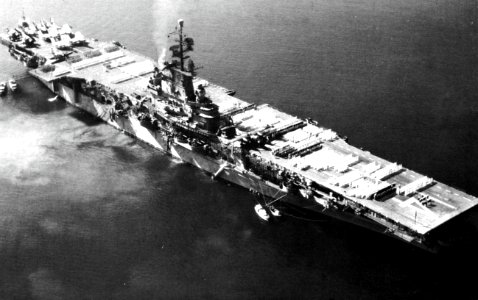USS Ticonderoga (CVA-14) at anchor, in 1955