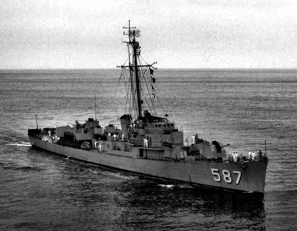 USS Thomas F. Nickel (DE-587) underway at sea, in the 1950s
