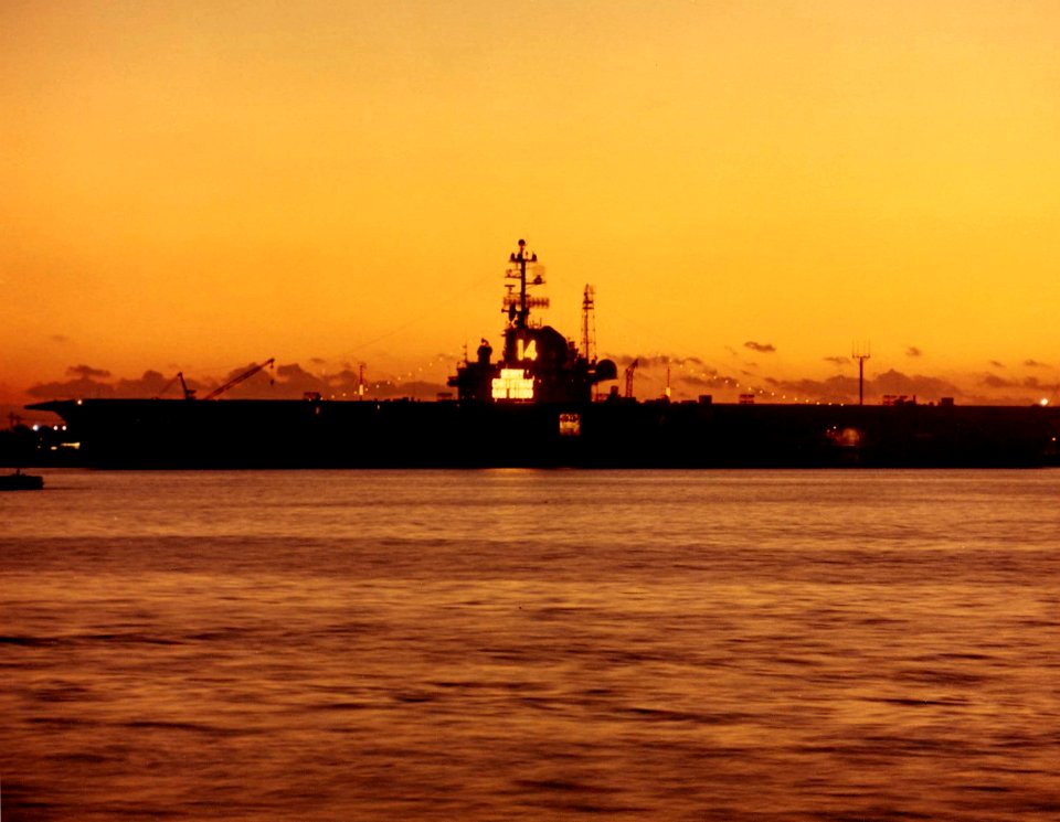 USS Ticonderoga (CVS-14) lit up for Christmas at San Diego in 1971