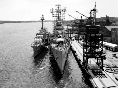 USS Timmerman (EDD-828) and USS Mitscher (DL-2) fitting out at Bath Iron Works on 9 July 1952