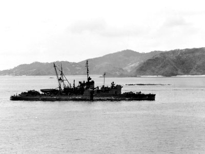 USS Thornton (AVD-11) damaged at Kerama Retto, Ryukyus, circa in mid-April 1945 (80-G-328469)