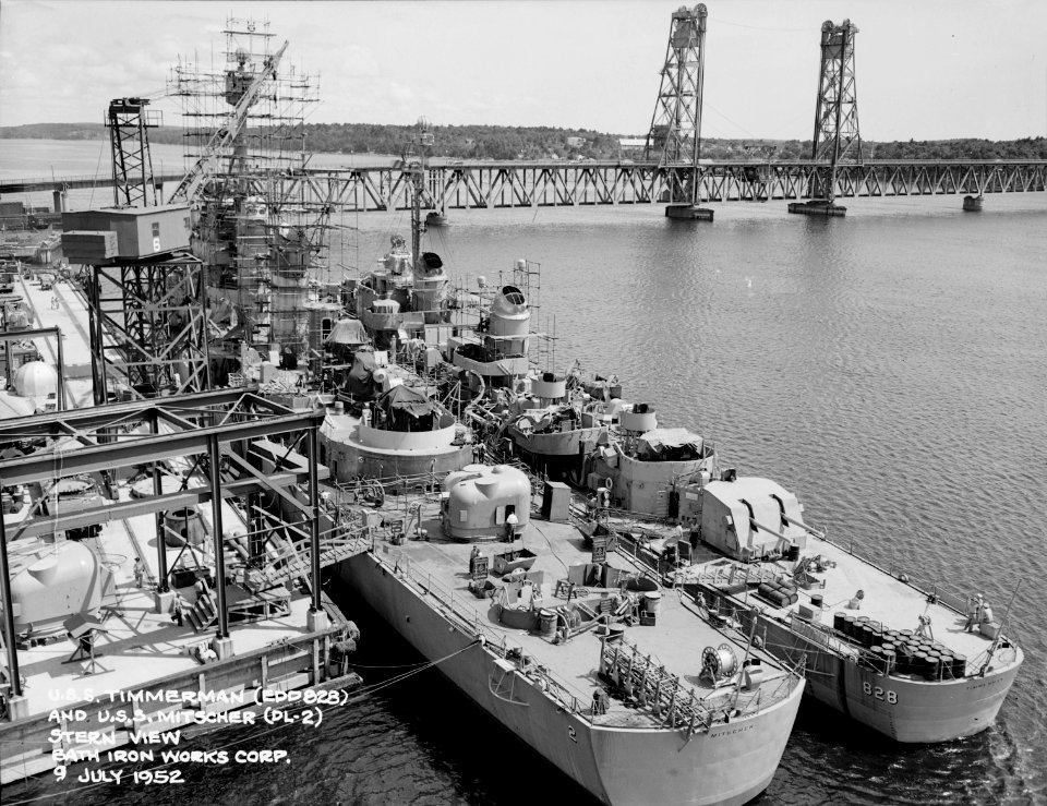 USS Timmerman (EDD-828) and USS Mitscher (DL-2) fitting out at Bath Iron Works in July 1952
