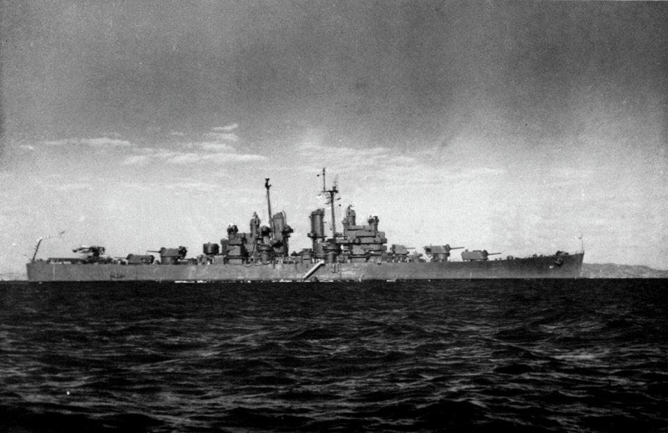 USS Topeka (CL-67) at anchor in 1945