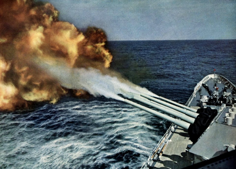 USS Toledo (CA-133) firing 203 mm guns c1958
