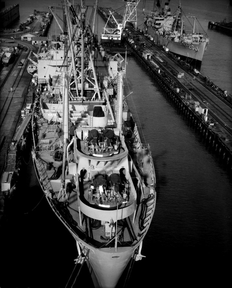 USS Tulare (AKA-112) docked at San Francisco, California (USA), on 9 December 1955 (6931990)