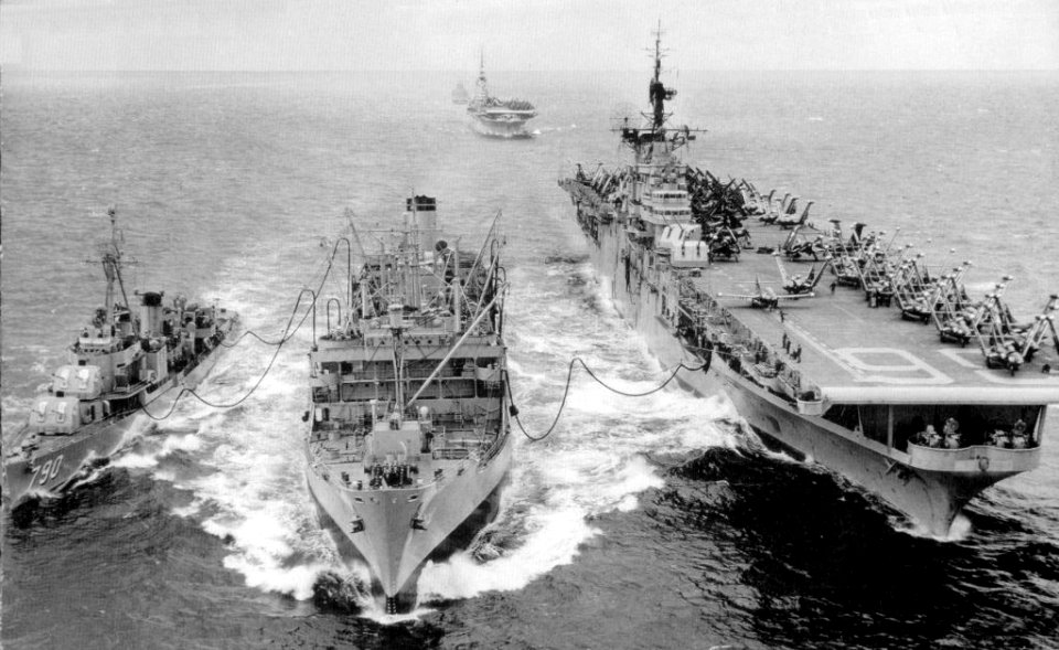 USS Tolovana (AO-64) refueling USS Antietam (CV-36) and USS Shelton (DD-790) off Korea, circa 1951