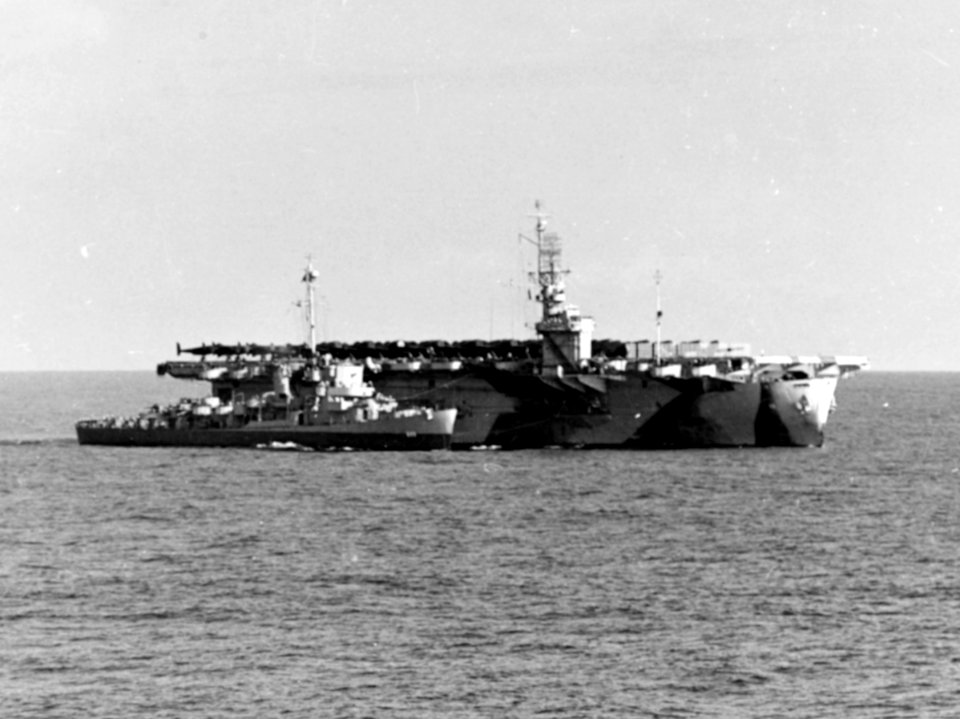 USS Tulagi (CVE-72) and USS Marsh (DE-699) underway in the Atlantic Ocean on 2 June 1944 (80-G-364378)