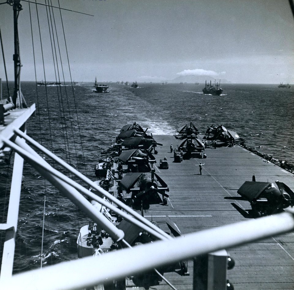USS Tulagi (CVE-72) underway with a convoy in the Mediterranean Sea, in August 1944 (80-G-416654)
