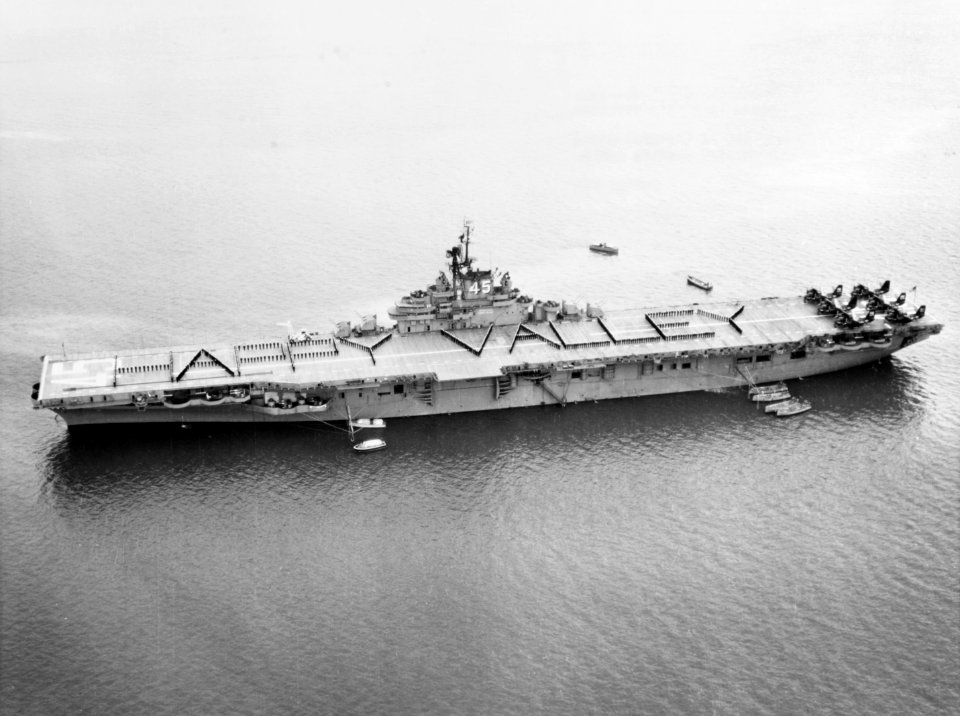 USS Valley Forge (CVS-45) at anchor on 20 January 1956