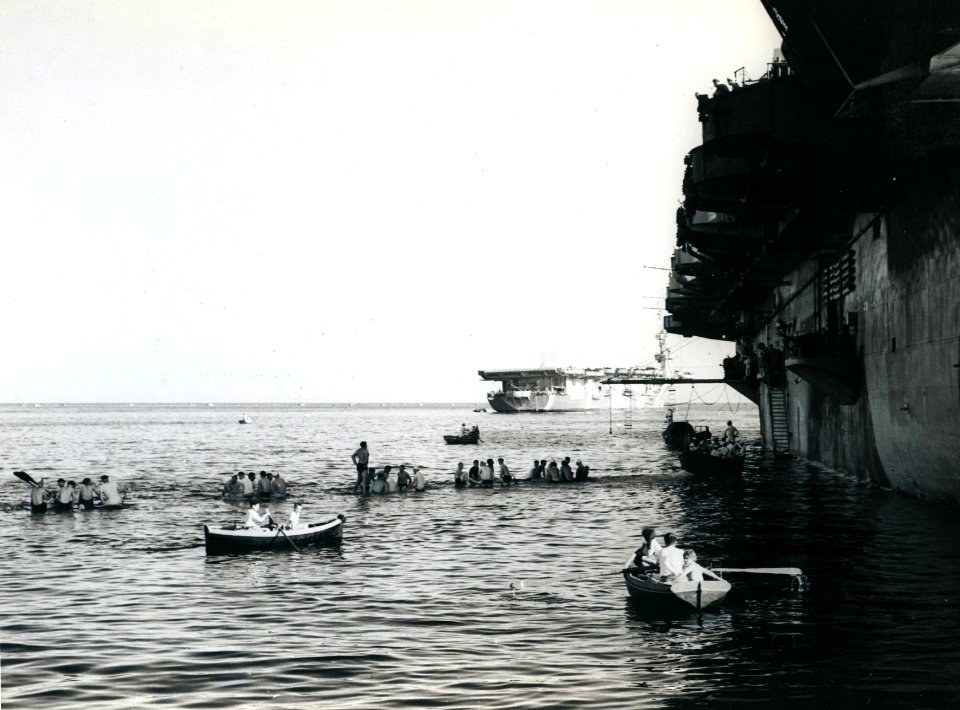 USS Tulagi (CVE-72) and USS Kasaan Bay (CVE-69) anchored at Malta, in August 1944 (80-G-320930)