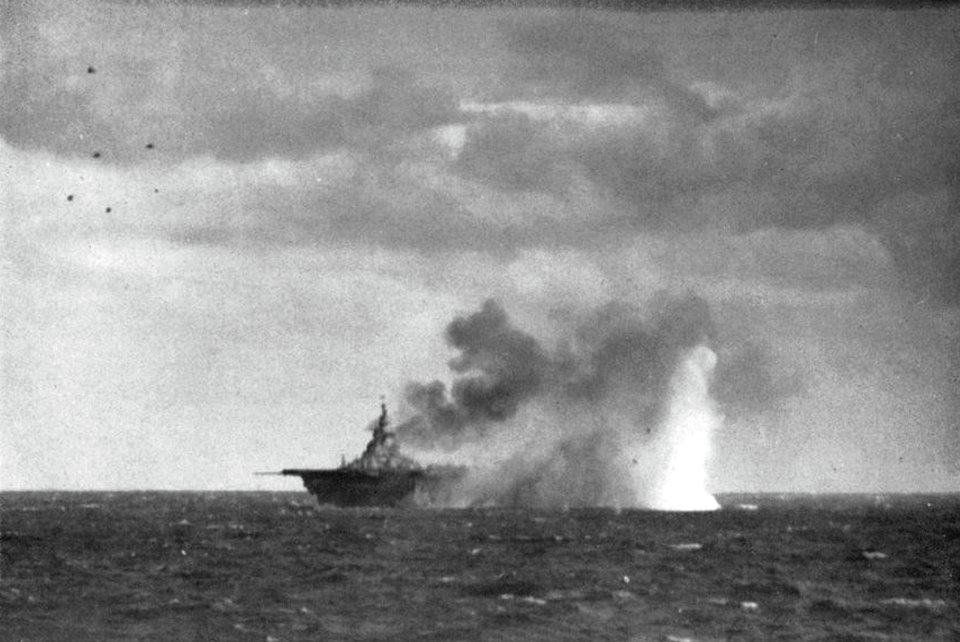 USS Wasp (CV-18) under attack by Japanese aircraft off Japan on 19 March 1945
