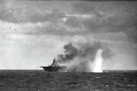 USS Wasp (CV-18) under attack by Japanese aircraft off Japan on 19 March 1945