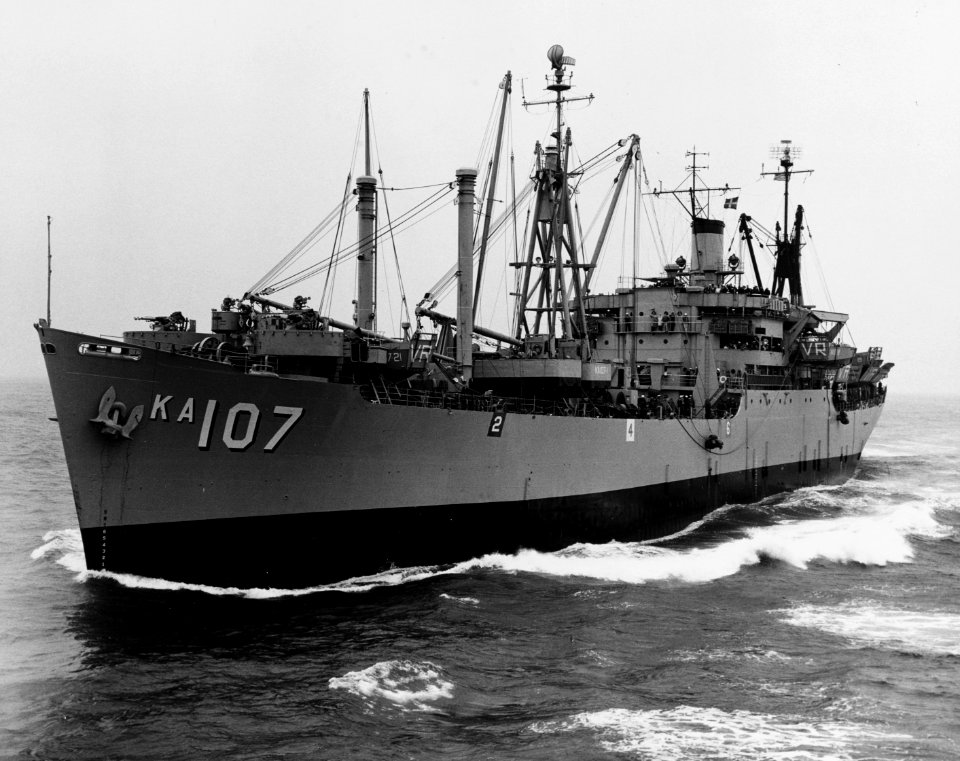 USS Vermilion (AKA-107) underway, circa in the 1950s (NH 107734)