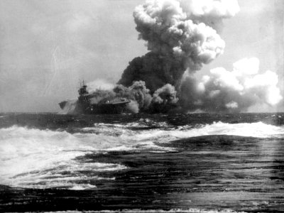 USS Wasp (CV-7) burning on 15 September 1942 (80-G-391481)