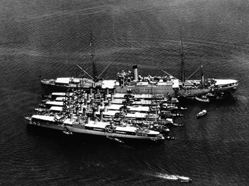 USS Vestal (AR-4) with six destroyers alongside c1928