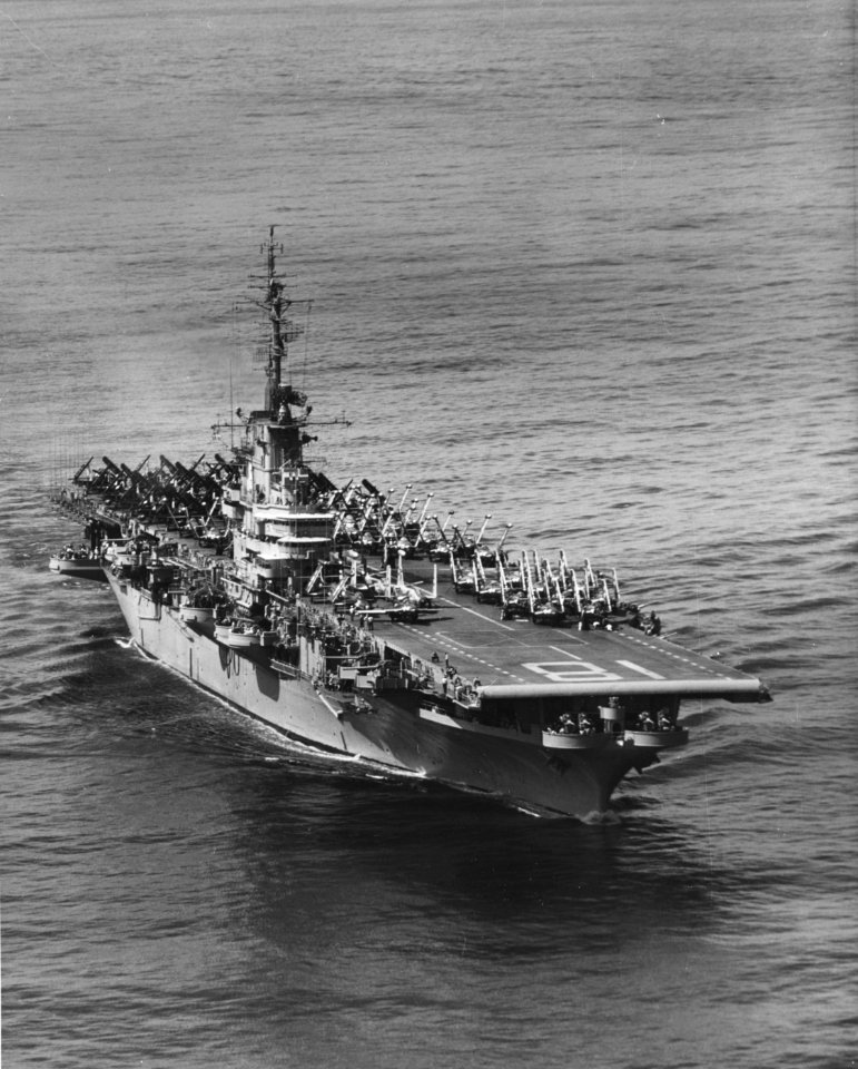 USS Wasp (CVA-18) at sea in the Far East on 5 January 1955