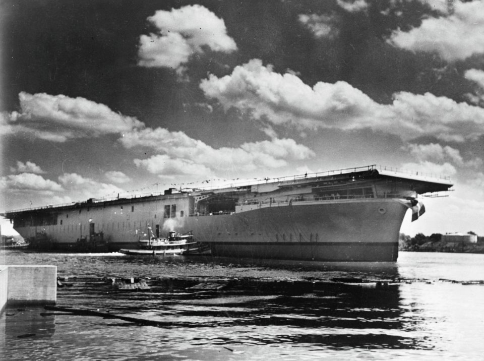 USS Wasp (CV-18) after her launch at the Fore River Shipyard on 17 August 1943 (38330007)
